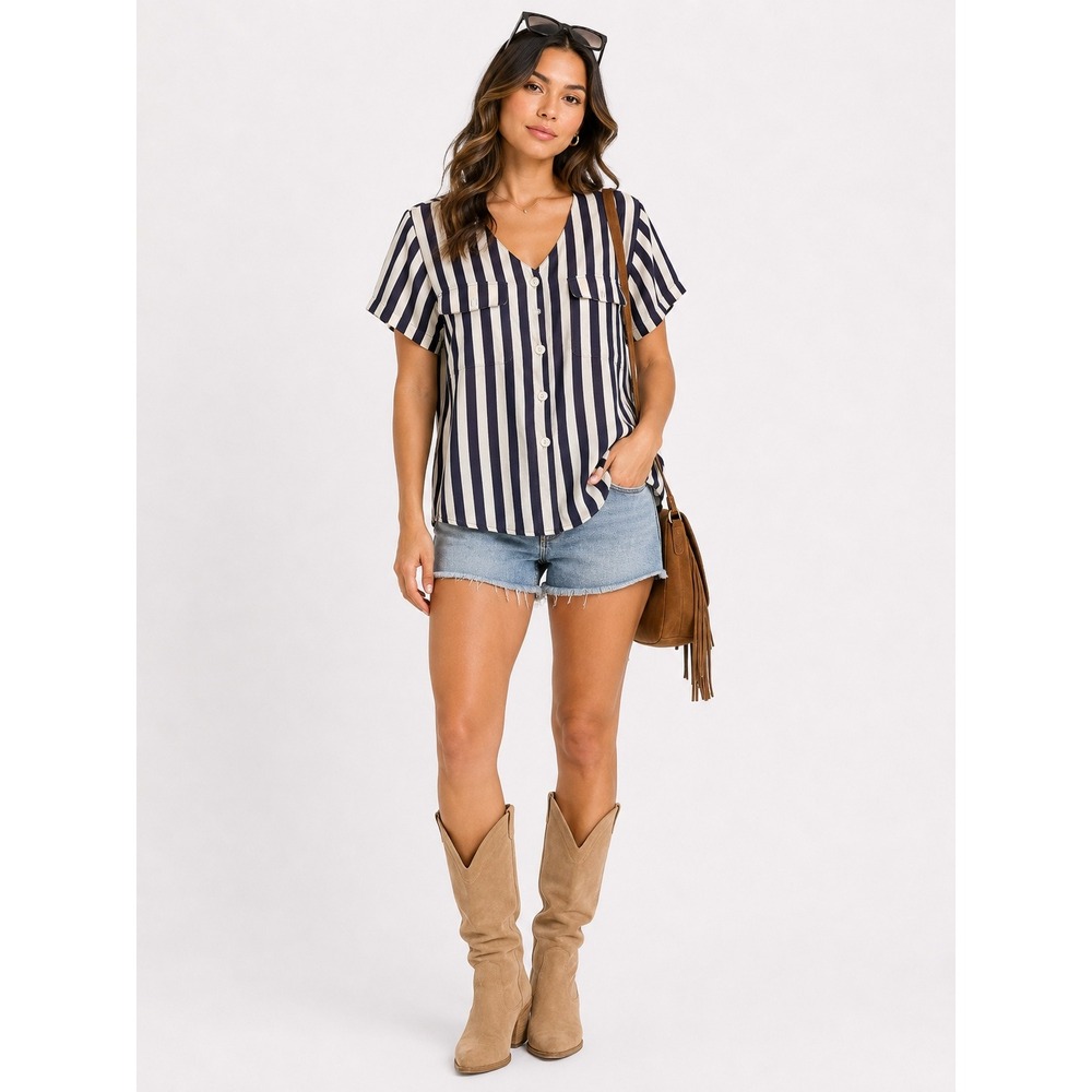 Fashion Attitudes Blouse Women12 Navy Cream Striped Button Up Short Sleeve Retro